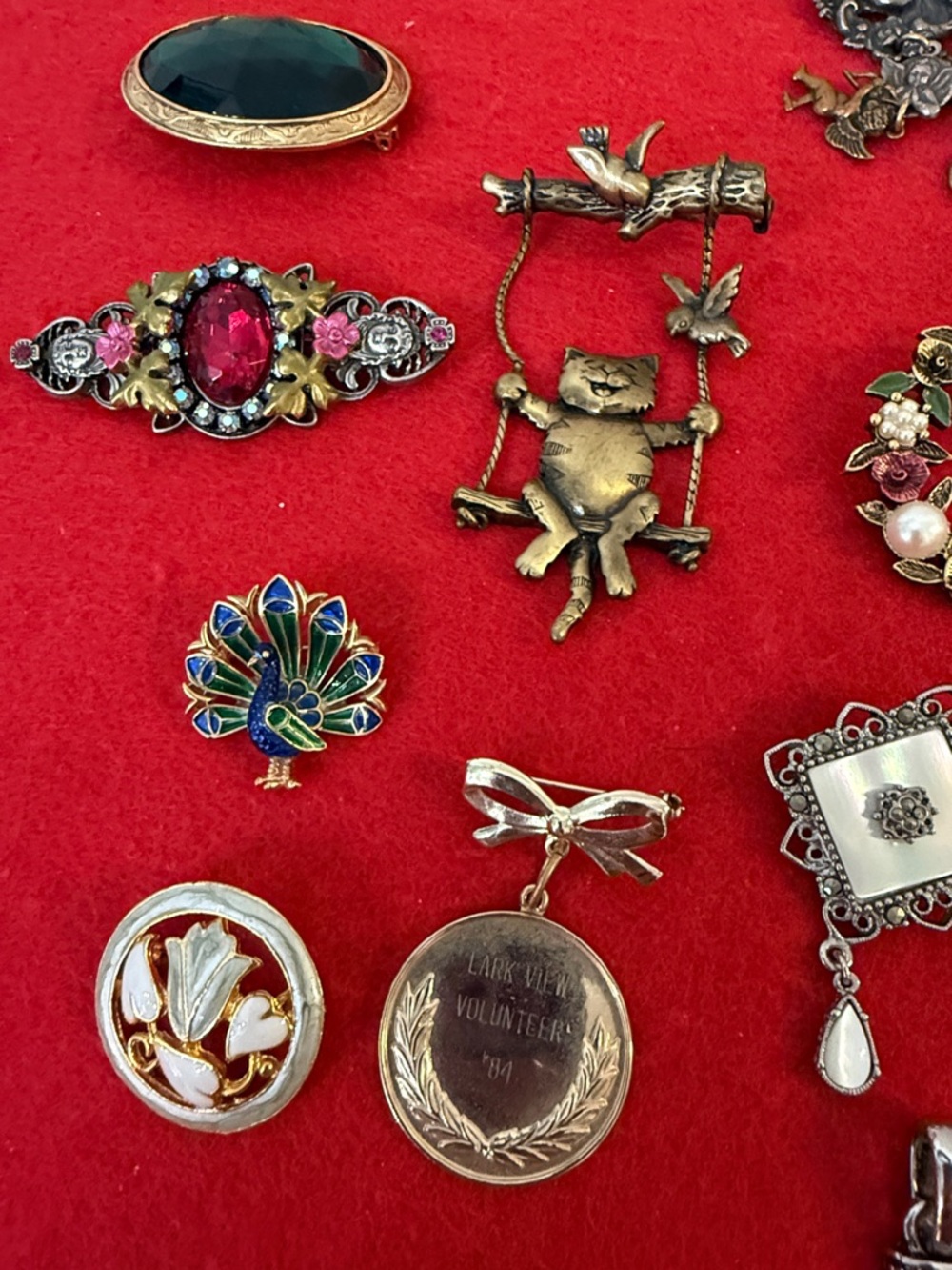 Brooch Tray For Cocktail Hour Show on 4/26 includes a Trifari Enamel Peacock